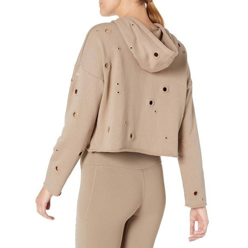 Alo Yoga Glimpse Hoodie Tan Cropped Grommet Cutout Sweatshirt Womens XS - Picture 2 of 9